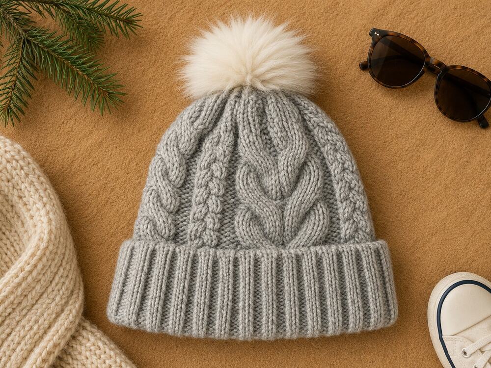 GAP Kids Girls Cable Knit Pom Beanie Hat Winter Warm Faux Fur Gray L/XL